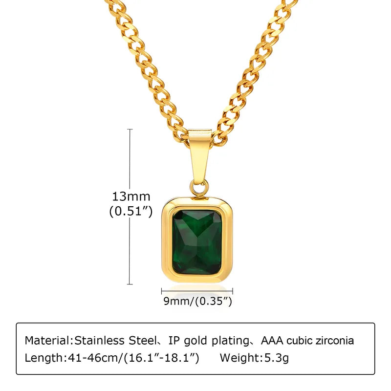 Square 201 Stainless Steel Zircon 18K Gold Plated Inlay necklace Ball Chain