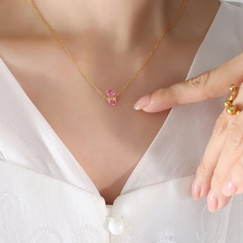 Jewelry Simple Style Square 304 Stainless Steel Zircon 18K Gold Plated Plating Pendant Necklace Birthstone Necklace Water-resistant Jewelry Fall & Winter Jewelry
