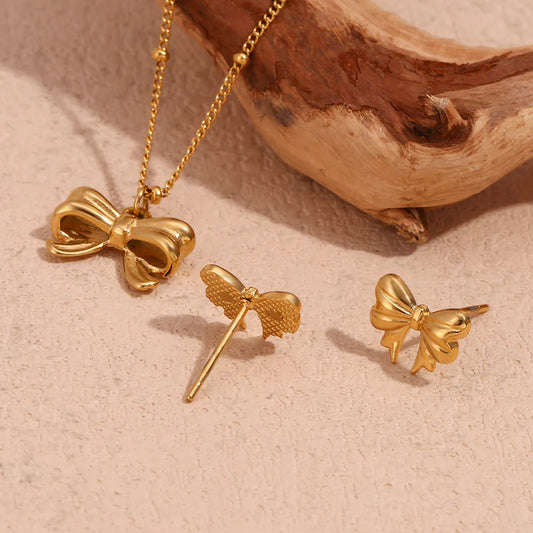 Minimalist Bowknot Stainless Steel 18K Gold Plated Jewelry Sets