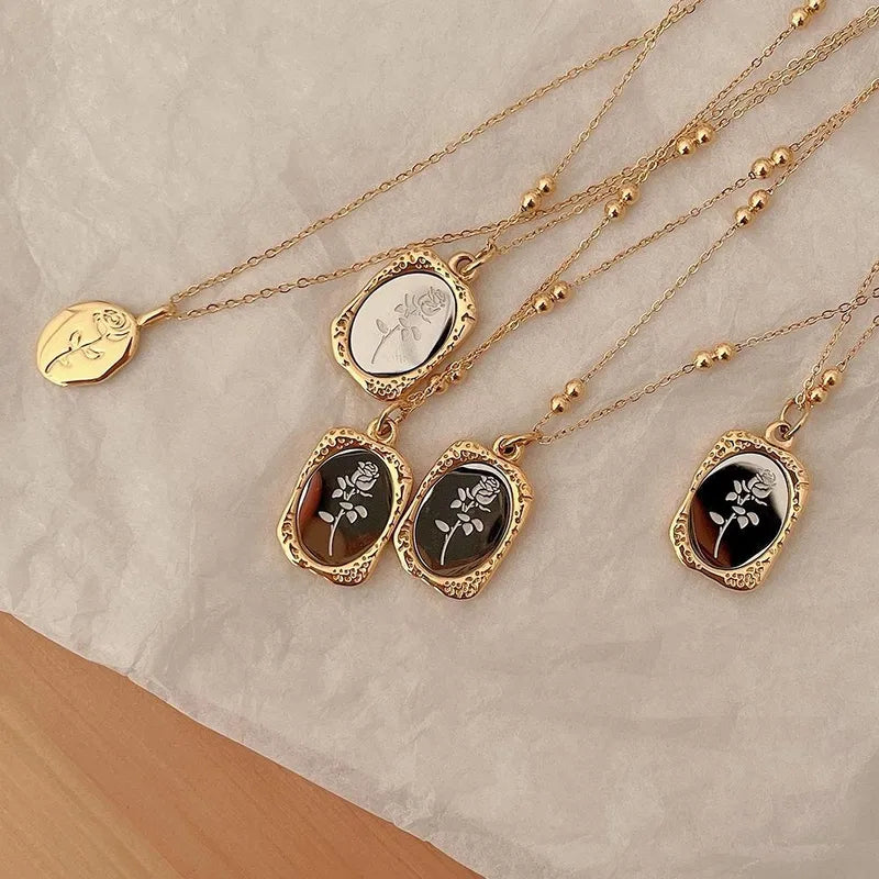 Wholesale Vintage Style Rose Flower Stainless Steel Titanium Steel Plating Pendant Necklace